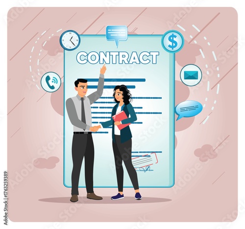 Employment agreement concept. Partners Shake Hands In Front Of A Large Document.