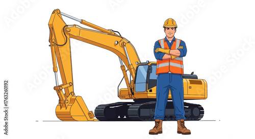 excavator operator construction worker vector illustration