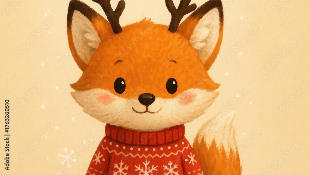 Obraz premium Cute fox wearing antlers wallpaper for desktop