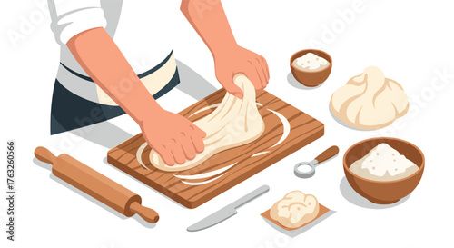 Baking preparation scene with hands kneading dough on wooden board