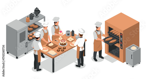 Busy bakery with chefs baking and decorating in isometric style kitchen