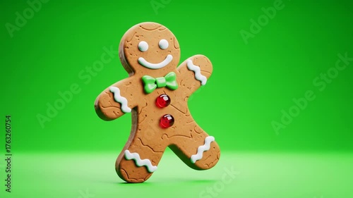 A cheerful 3D animated gingerbread man cookie with icing smile, gumdrop buttons, green bow tie, dancing exuberantly on green screen. Concept of whimsical festivity