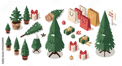 Isometric holiday scene with christmas trees, gifts, and shopping elements