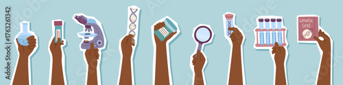 Flat vector illustration of human hands stickers cliparts holding various genetic science and laboratory objects. Concept of biotechnology, genetic research, DNA analysis, laboratory diagnostics.
