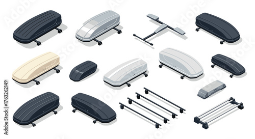 Isometric car roof boxes and rails collection for vehicle storage solutions