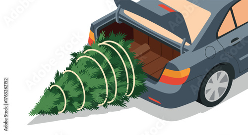 Isometric christmas tree transport in car trunk for the holiday season