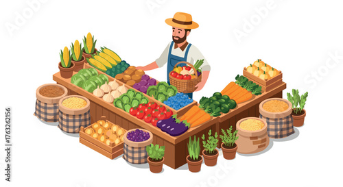 Farmer at market stall with fresh vegetables in isometric style