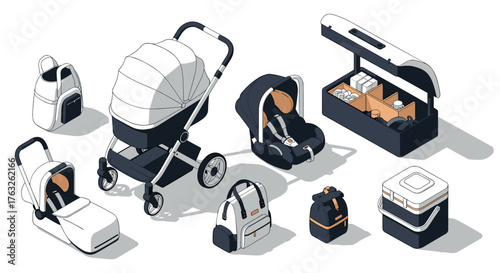 Isometric baby essentials: stroller, car seat, and stylish accessories