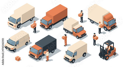 Isometric delivery vehicles and workers with boxes on forklift and trucks