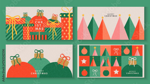 Merry Christmas and Happy New Year cards, posters, holiday covers. Set of greeting Xmas banner templates with patterns, gift box, balls, frames typography in modern style for web, social media, print.