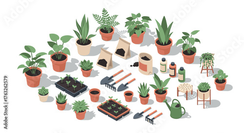 Isometric gardening elements with plants, tools, and supplies