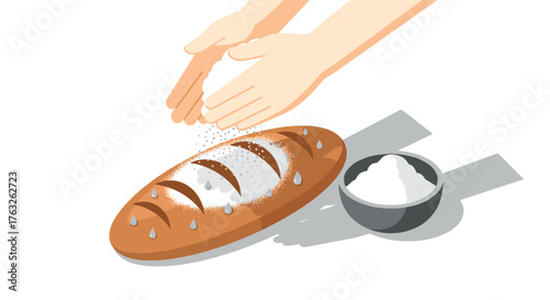 Isometric baking scene with hands sprinkling flour on freshly baked bread