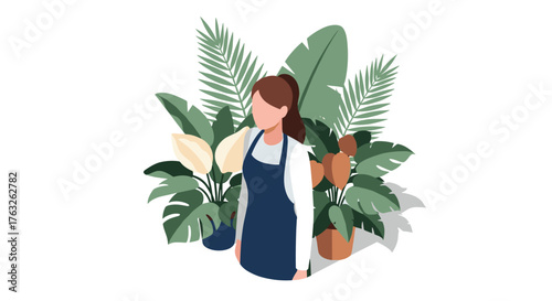 Gardener with houseplants in minimalist style featuring tropical foliage