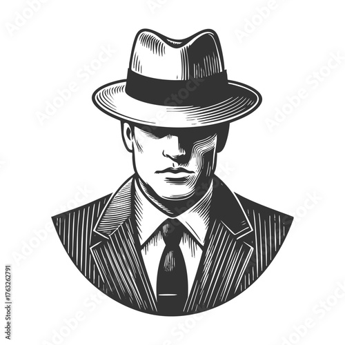 man wearing wide-brimmed fedora and trench coat, his eyes hidden to create mysterious and noir-inspired atmosphere sketch engraving generative ai fictional character vector illustration. Scratch board