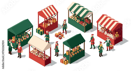 Isometric christmas market with stalls and festive shoppers in holiday colors