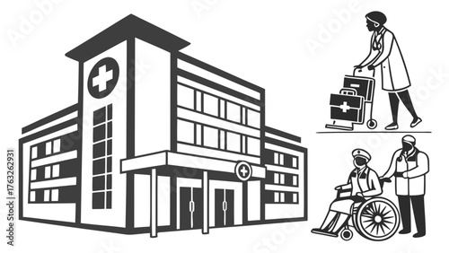 Illustration of a hospital building with medical staff assisting patients and carrying medical bags on wheels created with generated ai