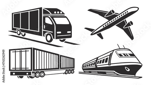 Illustration showing various modes of transportation including a truck airplane train and cargo container 100 created with generated ai