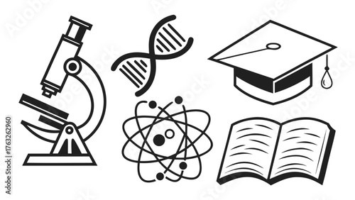 Black and white science icons featuring microscope dna atom graduation cap and open book illustration created with generated ai