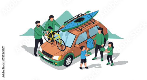 Family adventure preparation with car loaded for outdoor activities
