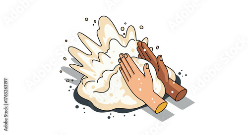 Hands kneading dough with flour splash in isometric art style
