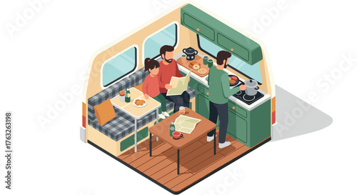 Family enjoying breakfast in cozy camper interior