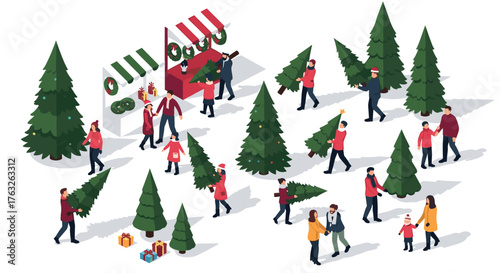 Festive marketplace with people choosing christmas trees in isometric style