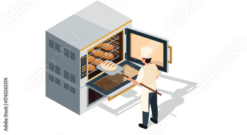 Isometric bakery scene with baker and oven baking bread