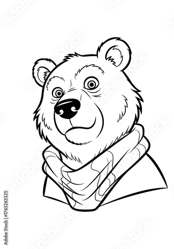 Cartoon bear with scarf looking friendly and approachable  