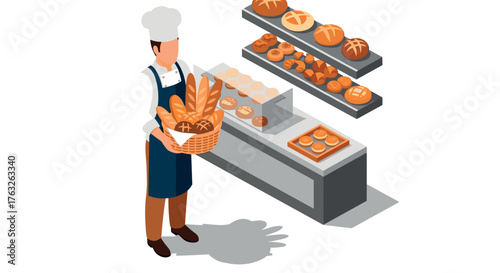 Isometric bakery display with bread and pastries