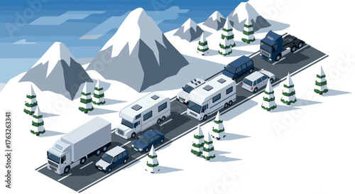 Scenic winter mountain road with traffic jam of trucks, cars, and campers