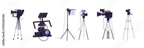 Set of professional photo and video cameras. Different videocameras for shooting movies, films. Videography equipment with lenses and tripods. Flat isolated vector illustrations on white background