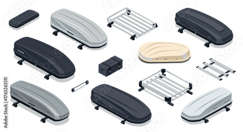 Set of car roof boxes and storage racks in isometric style for vehicle travel solutions