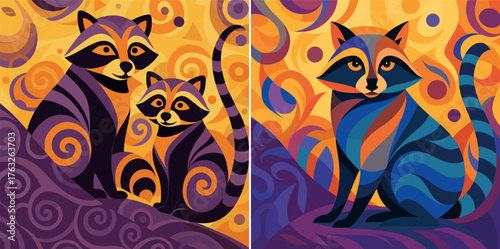 Raccoons sitting together on a hill in a bright abstract geometric style