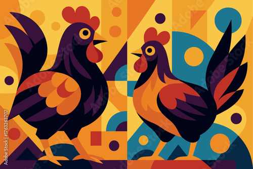 Two roosters facing each other in decorative geometric abstract pattern with bright warm tones