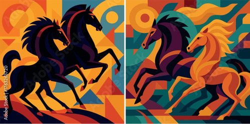 Group of running horses depicted in dynamic abstract geometric style with strong contrast and movement