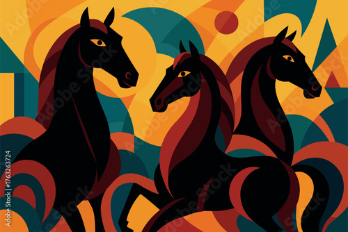 Three horses running together in powerful geometric abstract design with vibrant orange and blue palette