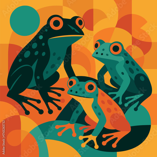 Family of frogs sitting among colorful shapes in abstract modern geometric tropical design