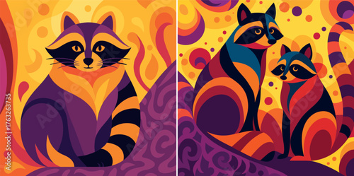 Raccoons sitting together on a hill in a bright abstract geometric style