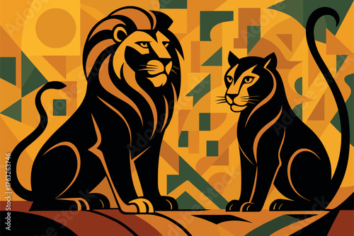 Two majestic lions sitting calmly in an abstract geometric savanna with warm earthy tones and symmetry