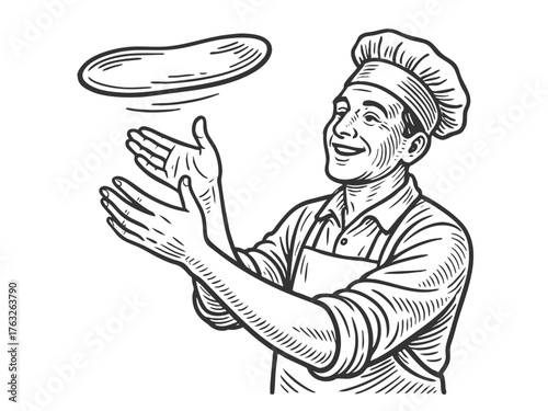 joyful male pizza chef tossing dough into the air sketch engraving generative ai fictional character vector illustration. Scratch board imitation. Black and white image.