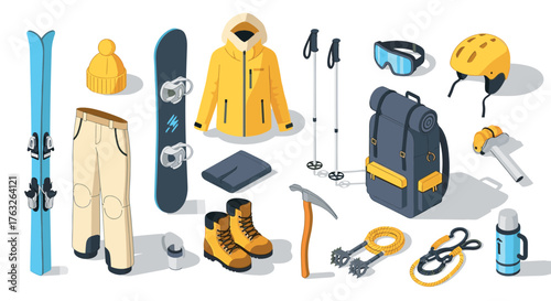 Winter sports gear set with backpack, skis, snowboard, and climbing equipment in isometric view
