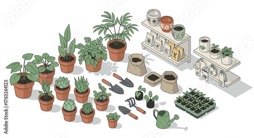 Gardening set scene with potted plants and gardening tools in isometric style