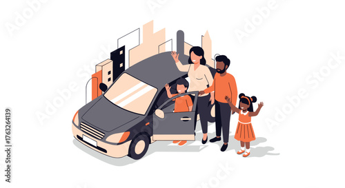 Isometric family travel concept with parents and kids by car in city scene