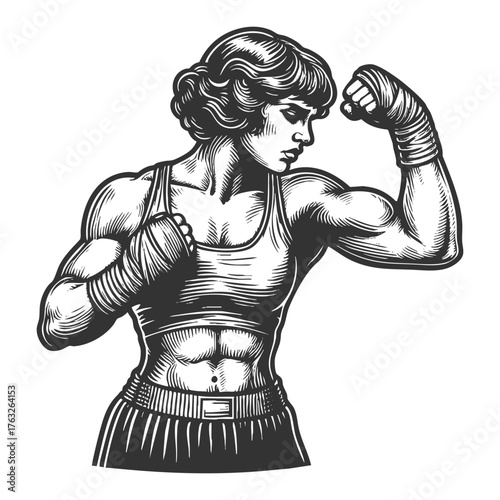 powerful woman in boxing stance wearing gloves and sportswear sketch engraving generative ai fictional character vector illustration. Scratch board imitation. Black and white image.