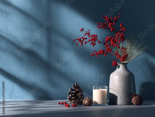 Minimalist Background for Product Photography with One Object Highlight: Candles, Candlesticks, Red Berries in Vase, Pine Cone on Blue Wall with Long Shadows