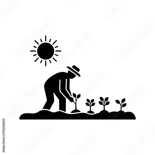 Farmer planting seedlings in a field under the sun, nurturing new life and growth with care and dedication, representing the hard work of agriculture.