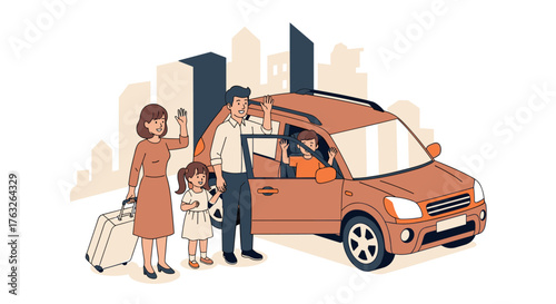 Family saying goodbye with suv in urban setting