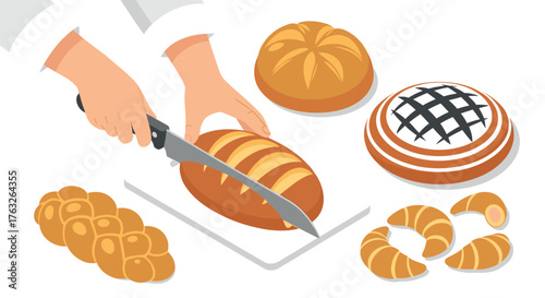 Isometric bread variety and slicing scene: croissants, loaves, and more