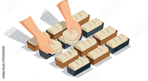 Hands arranging freshly baked bread loaves in bakery setting