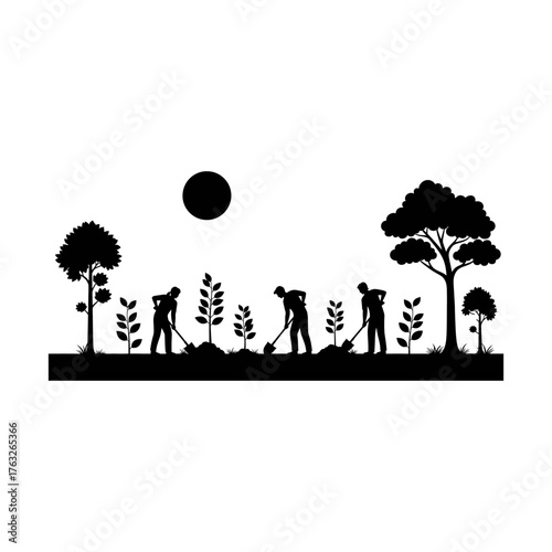 Silhouetted farmers planting young trees in field under bright sun, representing environmental conservation and sustainable agriculture practices.